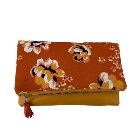 Rachel Pally Fold Over Clutch Floral Bohemian Tassel Canvas Handbag Orange Purse - Picture 1 of 6